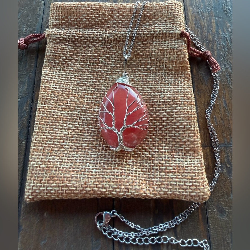 Brand New Wire-Wrapped Cherry Quartz Drop Pendant with Stainless steel Chain
